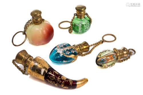 FIVE SMALL ANTIQUE GLASS SCENT BOTTLES