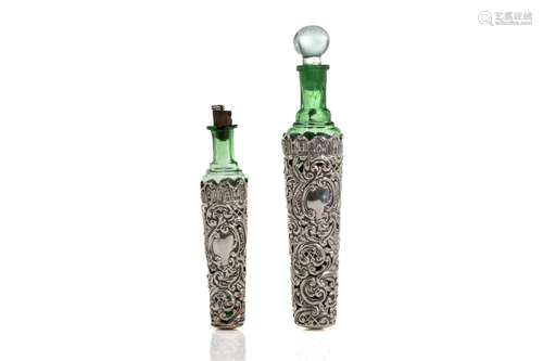 TWO LONG SILVER & GLASS PERFUME BOTTLE FLASKS