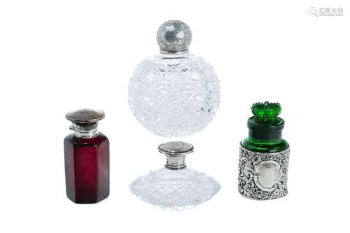 FOUR ENGLISH SILVER & GLASS PERFUME BOTTLES