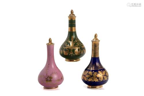 THREE BLOOR DERBY ENGLISH PORCELAIN BOTTLES