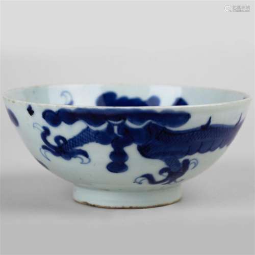 Blue and white bowl with dragon pattern over the wall, Ming,...