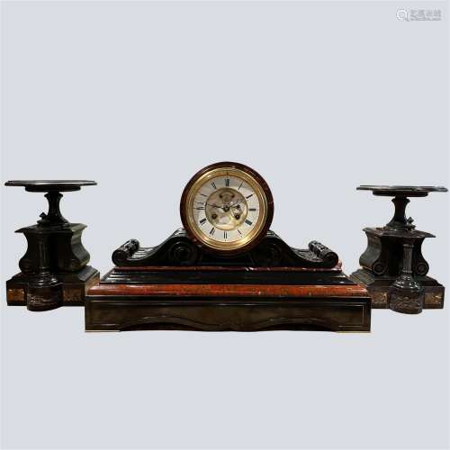 A Set of BLACK AND ROUGE MARBLE MANTEL CLOCK and candlestick...