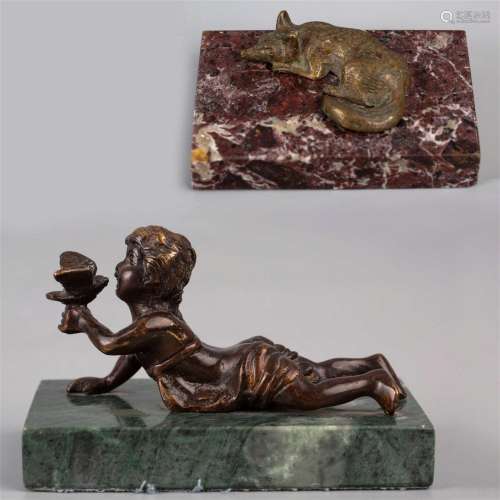 Small paperweight sculpture bronze dog lying red marble cher...