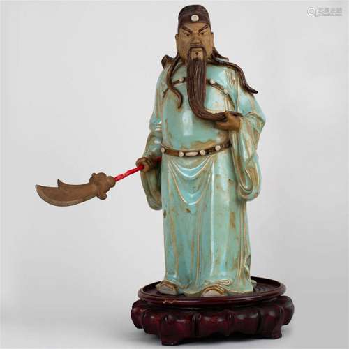 Green glazed figure of Guan Gong, Republic of China