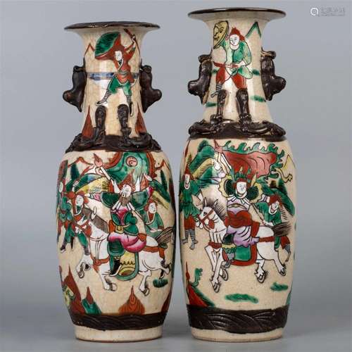 Pair of famille rose knife horse figure vases, 19th century