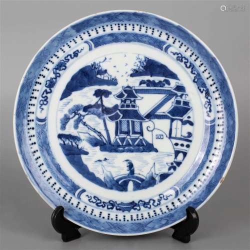 Blue and white pattern plate, late Qing dynasty
