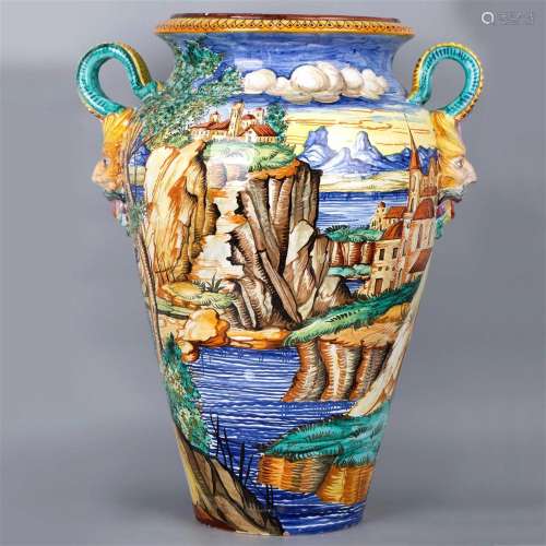 Italian Bacchus face handle painted vase