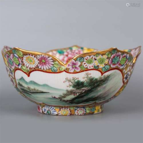 Lotus leaf-edged bowl with pattern of lanscape and flowers 1...