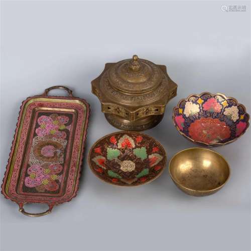 A set of bronze dishes with polychrome patterns 19th to 20th...