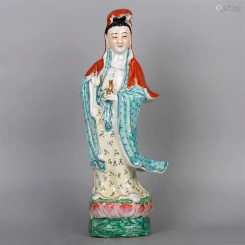 Famille rose Jingping Guanyin statue with Xu Linji Zao mark,...