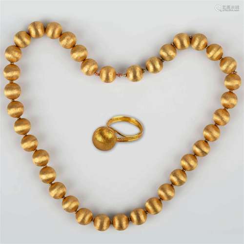 A set of golden ring, 14K gold brushed lucky bead necklace 5...