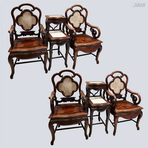 Mahogany marble armchairs set, 19th Century