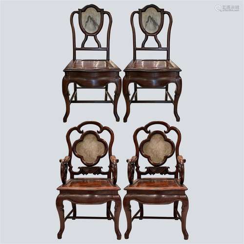 Mahogany marble armchairs set, 19th Century