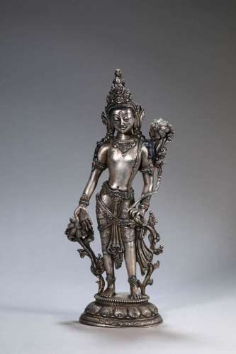 A SILVER FIGURE OF GUANYIN.QING DYNASTY