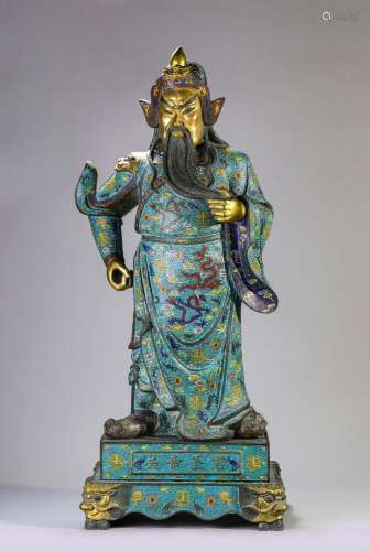 A CLOISONNE ENAMEL FIGURE OF BRONZE GUANGONG.MARK OF QIANLON...