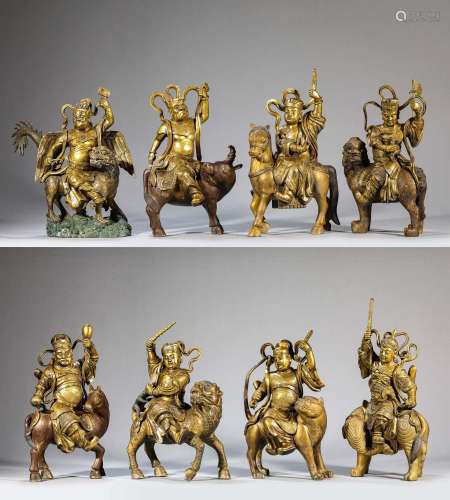 A SET OF EIGHT GILT-BRONZE FIGURE OF GUARDIANS.QING DYNASTY
