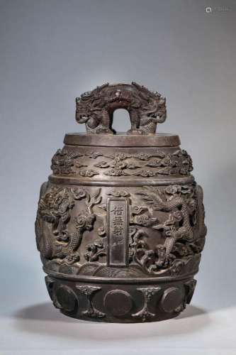 A FINE BRONZE 'DRAGON' BELL.MARK OF KANGXI