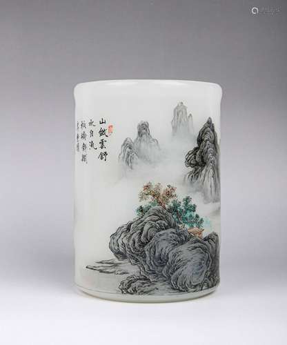 A PAINTED GLASS BRUSHPOT.BITONG.MARK OF QIANLONG