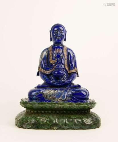 A LAPIS LAZULI FIGURE OF BUDDHA WITH GREEN JADE STAND