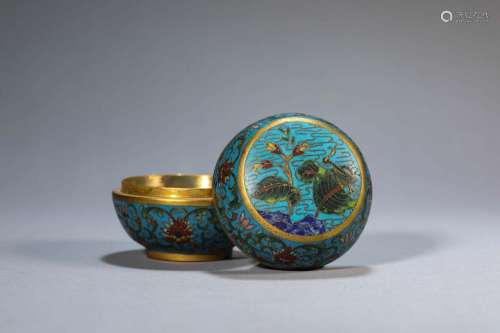 A PAIR OF CLOISONNE ENAMEL BRONZE BOX AND COVER.MARK OF QIAN...
