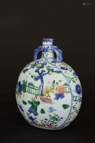 A BLUE AND WHITE WUCAI MOONFLASK