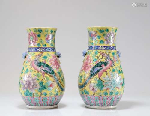 PAIR OF CHINESE FAMILLE ROSE PORCELAIN VASES WITH 19TH CENTU...