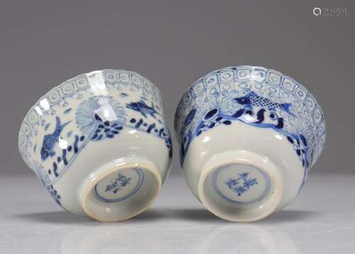 PAIR OF WHITE BLUE KANGXI PORCELAIN BOWLS DECORATED WITH FIS...