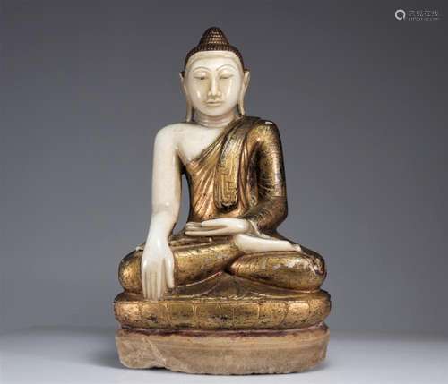 BURMESE MARBLE STATUE IN POLYCHROME WHITE MARBLE REPRESENTIN...