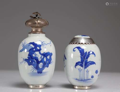 PORCELAINS (2) WHITE BLUE MOUNTED SILVER KANGXI PERIOD