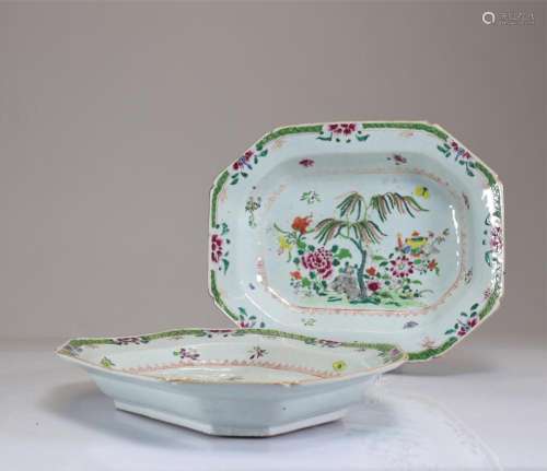 18TH CENTURY FAMILLE ROSE PORCELAIN DISHES WITH VEGETAL DECO...