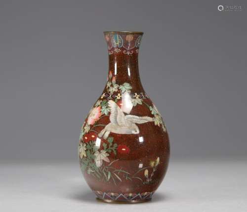 JAPANESE CLOISONNE ENAMELED VASE DECORATED WITH BIRDS AND FL...