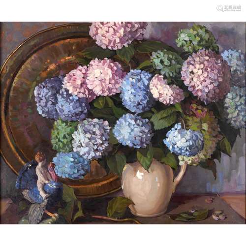 SAM MORSE-BROWN (1903-2001). A JUG OF HYDRANGEAS AND A CHELS...