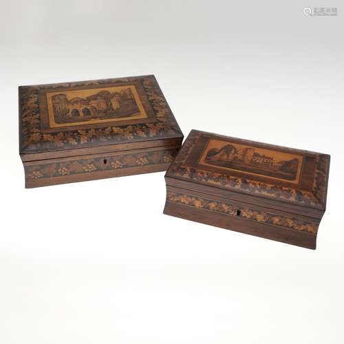 VICTORIAN TUNBRIDGE WARE GAMES BOX & ANOTHER GAMES BOX.