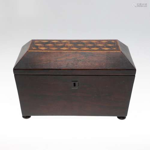 VICTORIAN ROSEWOOD TUNBRIDGE WARE TEA CADDY.