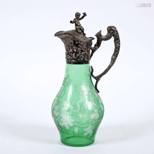 AUSTRO-HUNGARIAN, SILVER & ETCHED GREEN GLASS CLARET JUG...