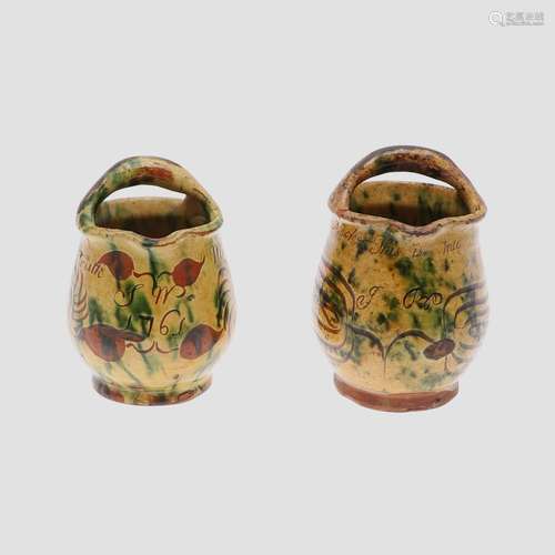 EARLY ENGLISH POTTERY VESSEL WITH HANDLE - 1761 & ANOTHE...