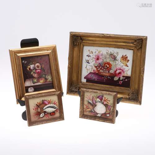 FRAMED PORCELAIN PLAQUES - SHELLS & FLOWERS.