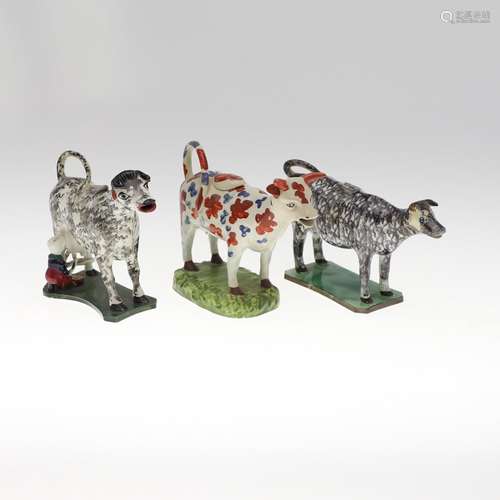 19THC PRATTWARE COW CREAMER & TWO OTHER COW CREAMERS.