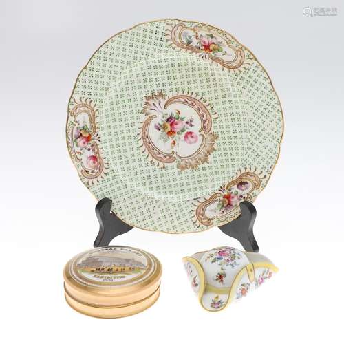 SWANSEA PORCELAIN PLATE, PORCELAIN DRESSING TABLE BOX & ...