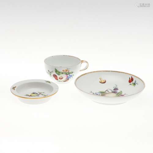 MEISSEN CUP & SAUCER - FRUIT, & SMALL MEISSEN DISH.