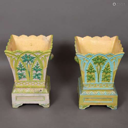 PAIR OF ENGLISH MAJOLICA PLANTERS & STANDS - TAMWORTH.