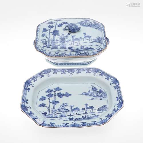 18THC CHINESE BLUE & WHITE PORCELAIN TUREEN, COVER &...