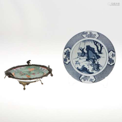 CHINESE BLUE & WHITE PORCELAIN DISH & PORCELAIN DISH...