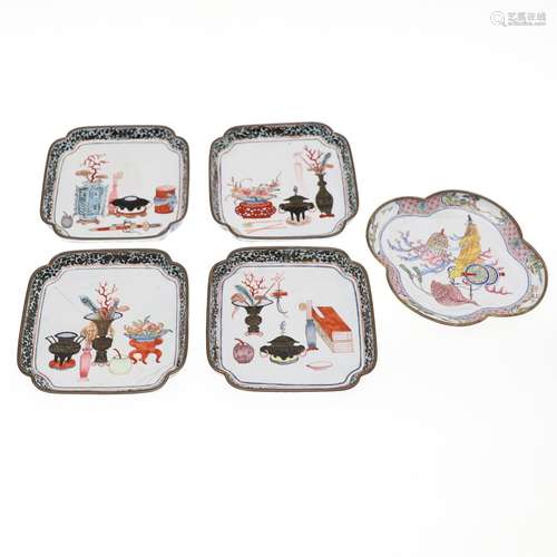 SET OF CHINESE CANTON ENAMEL DISHES & LOBBED DISH.