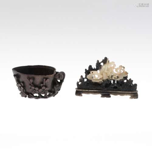 CHINESE CARVED SOAPSTONE GROUP, & CARVED SAUCE BOAT.