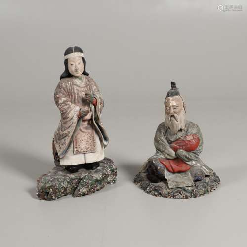 TWO CARVED WOODEN & LACQUERED JAPANESE FIGURES.
