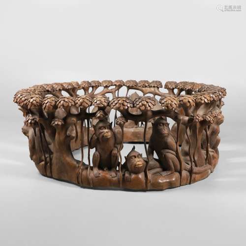 UNUSUAL LARGE CARVED WOODEN TABLE - MONKEYS.