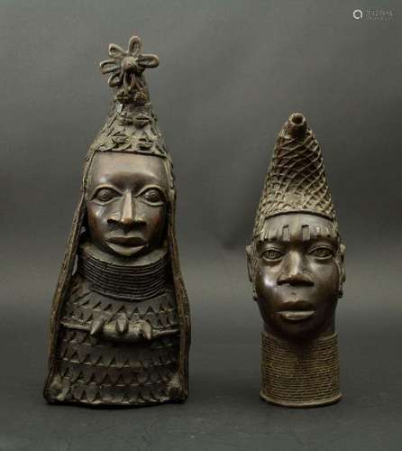 Benin-Bronze 'Paar Königliche Köpfe' / Gedenkköpfe, Benin, 2...