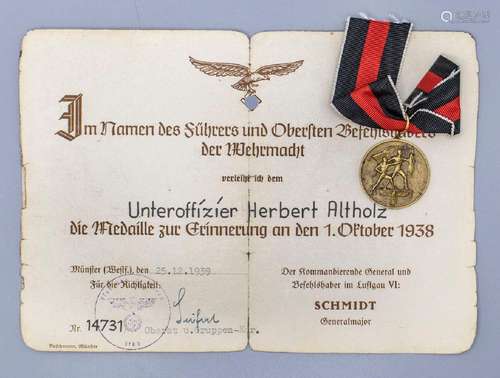 Medaille 1. Oktober 1938 mit Verleihungsurkunde, Drittes Rei...