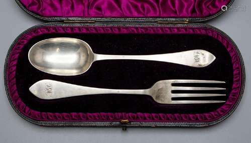 Gabel und Löffel im Etui / A silver fork and spoon with box,...